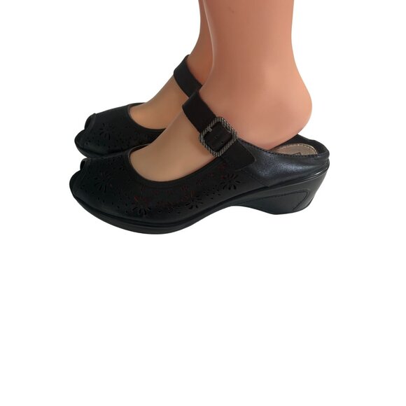 White Mountain Womens Black Leather Peep-Toe Mary Jane Wedges 8.5M - Picture 3 of 8